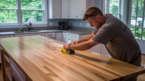 A homeowner sanding their wood countertops. 