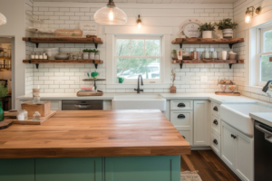 A kitchen island with butcher block counters. 