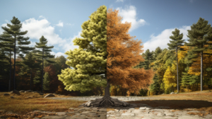 A split image of a coniferous tree and a deciduous tree.