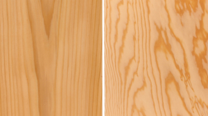A split image showing white oak and red oak lumber. 
