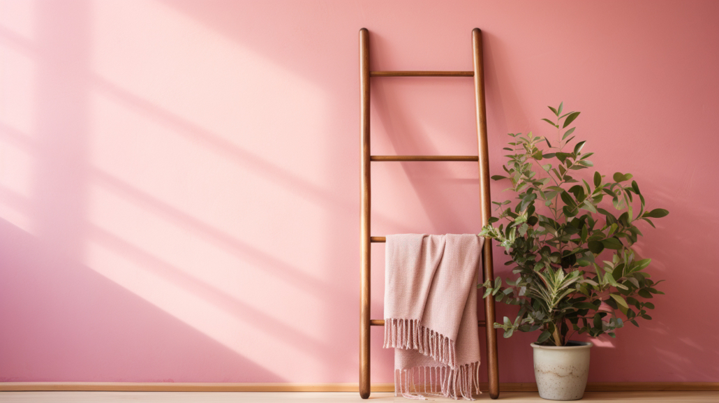  A blanket ladder made from wooden dowel rods.