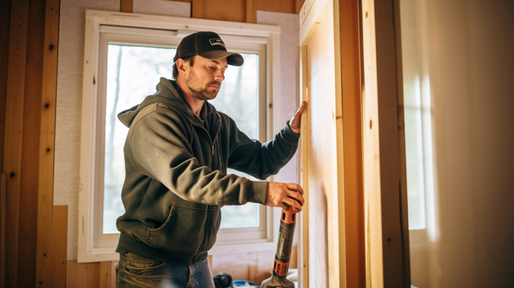 A man installing new doors as part of a mobile home remodel.