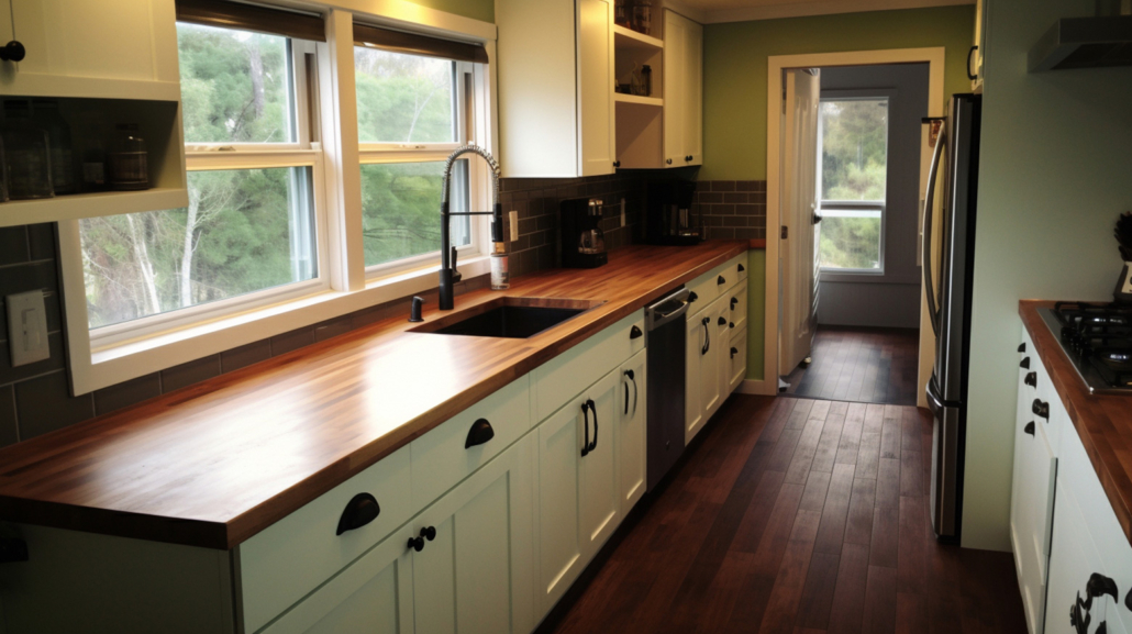 A mobile home kitchen featuring new countertops.
