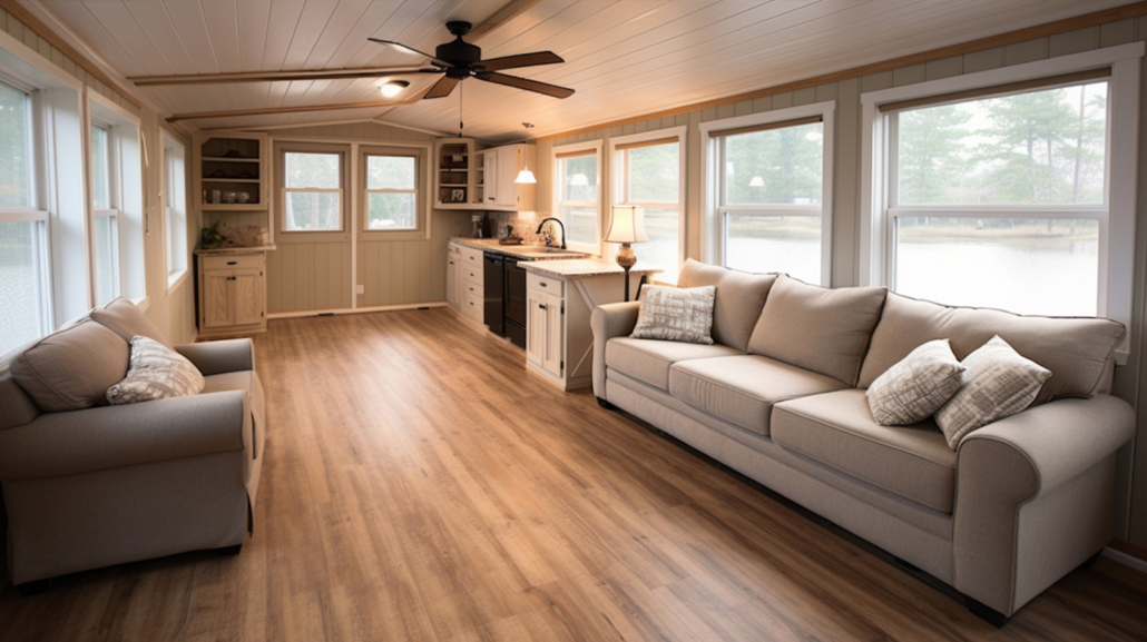 A mobile home living room with new wood floors.