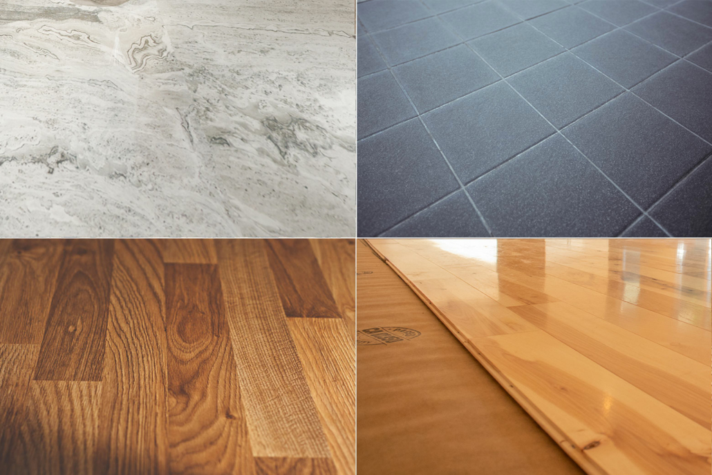 Natural stone flooring, ceramic floor tile, luxury vinyl tile, and solid hardwood flooring options.