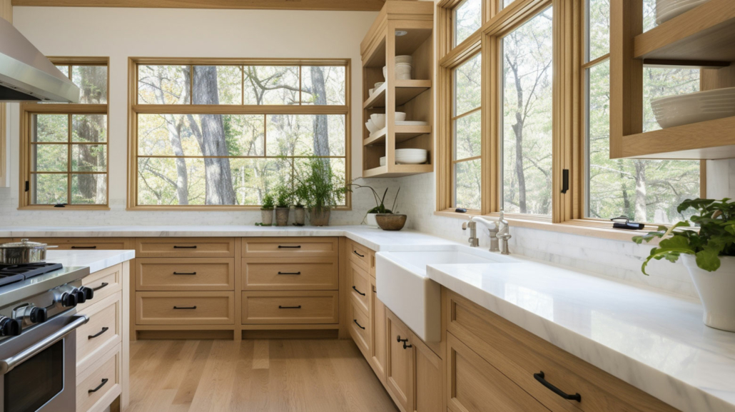 A kitchen with wood cabinetry overlooking the forest.