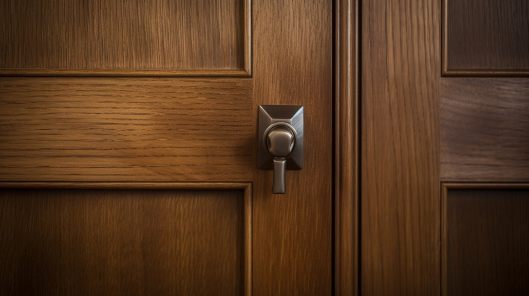 An interior door that uses a door handle lever lockset. 