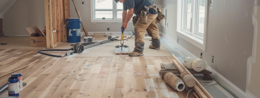 A DIYer installing hardwood floors in his living room.