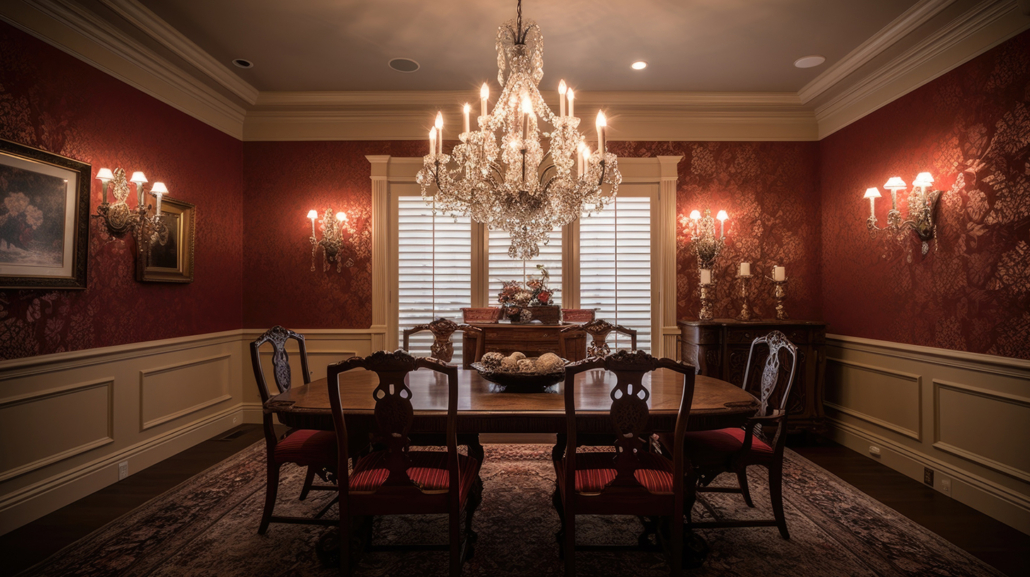 A dining room decorated with wood crown moulding.
