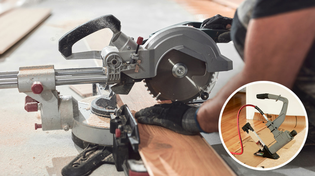 A floor nailer next to a miter saw, some of the tools needed for installing hardwood floors.