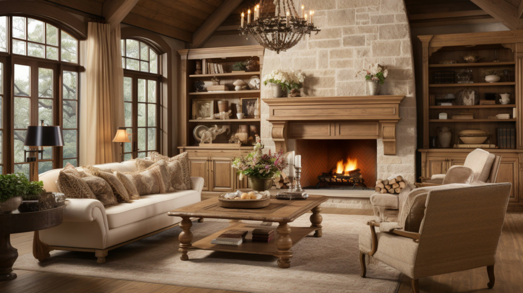 A living room featuring a French country mantel.