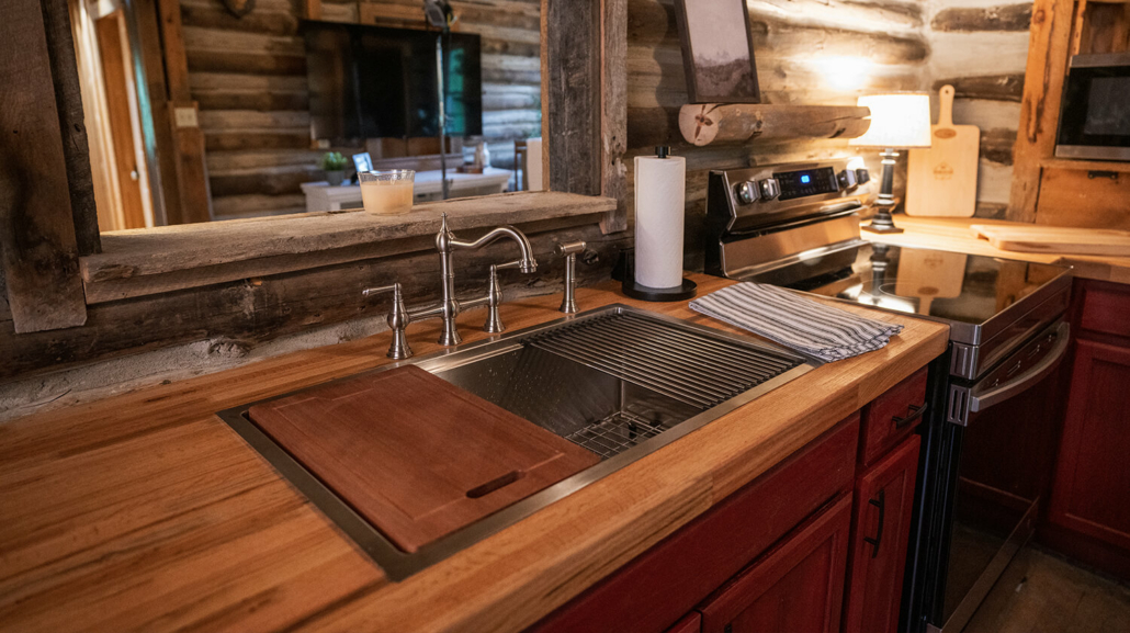 A log cabin kitchen with wood countertops and cabinetry. 