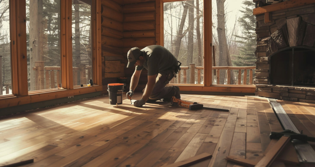 A man installing new wood floors in a log cabin.