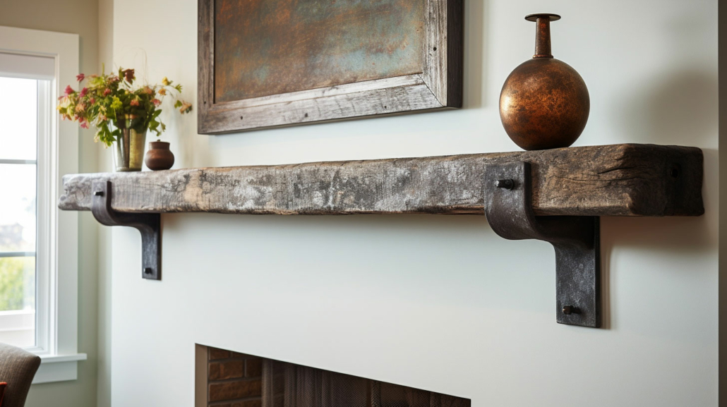 A rustic wood beam mantel fixed to the wall with iron.