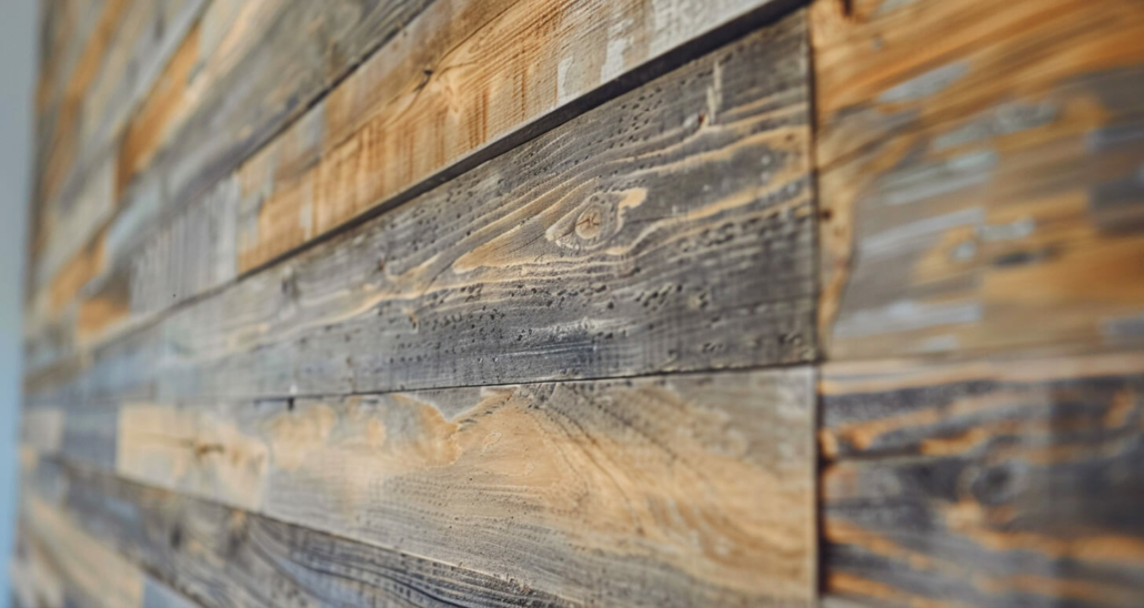 Close-up image of rustic shiplap wall paneling.