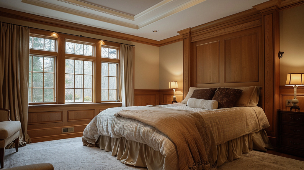 Crown moulding that matches the baseboard and bed moulding in a bedroom.