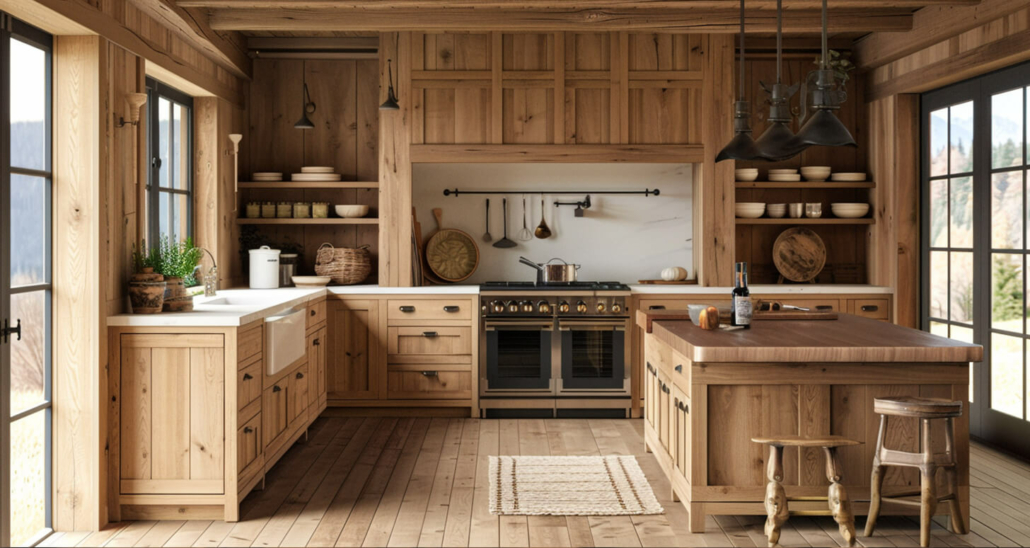 Natural kitchen cabinets in a cabin retreat.