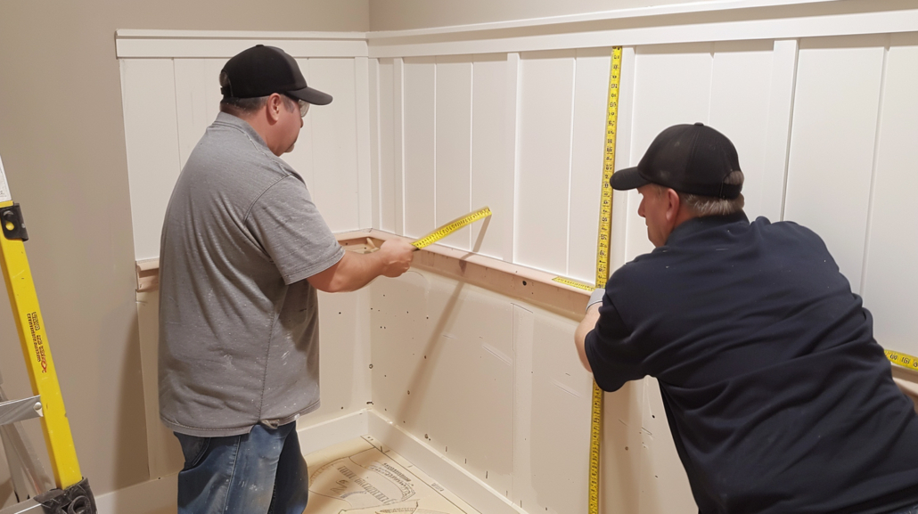 Two men using a tape measure to make a wainscot installation layout on a wall. 