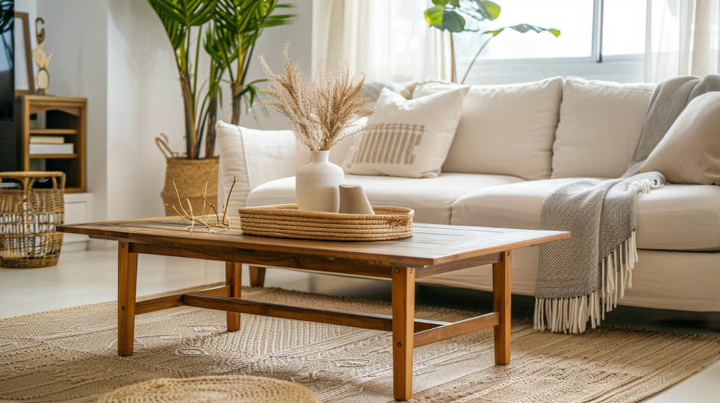 A coffee table with visible legs used to accent a small living room.