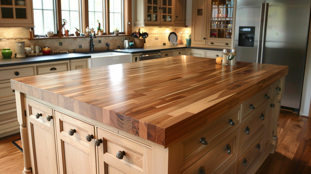 A kitchen island featuring built-in storage and butcher block countertops.