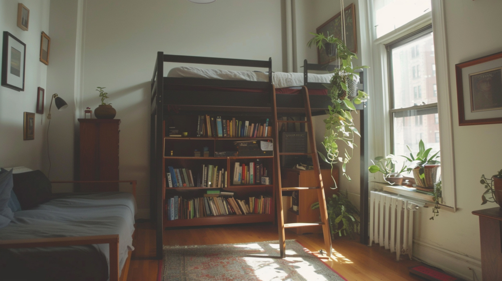 A loft bed with built-in bookshelves in an open-plan studio apartment.