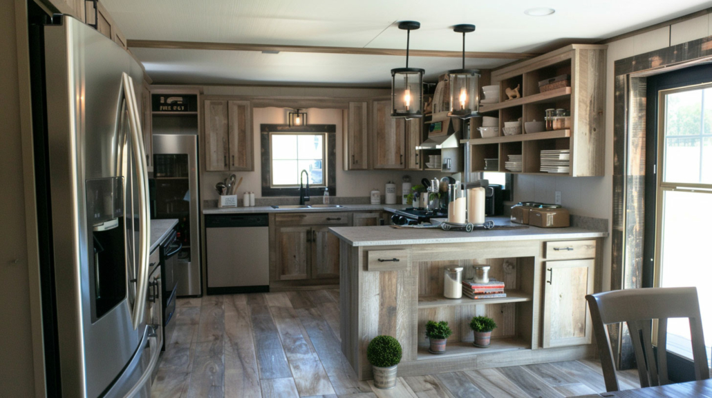 A new kitchen featuring traditional cabinetry and open shelving. 