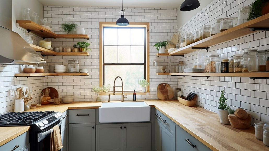 Light-colored wood countertop in a farmhouse-style kitchen design.