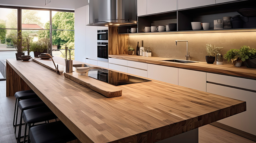 Modern kitchen area with an island featuring a hardwood countertop.